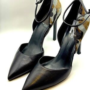 Nine West Calf Hair & Leather Black Brown Gray Camo Stilettos Heels Ankle 10.5